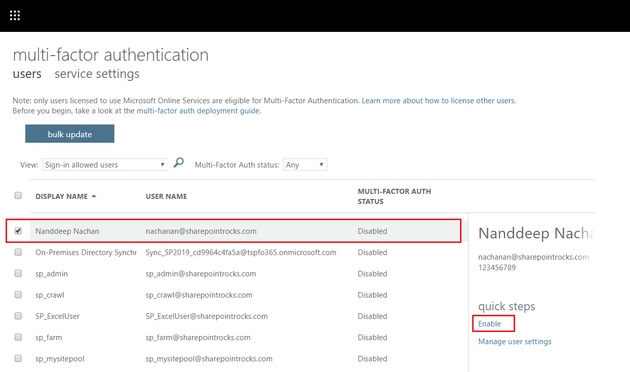 enable two factor authentication office 365