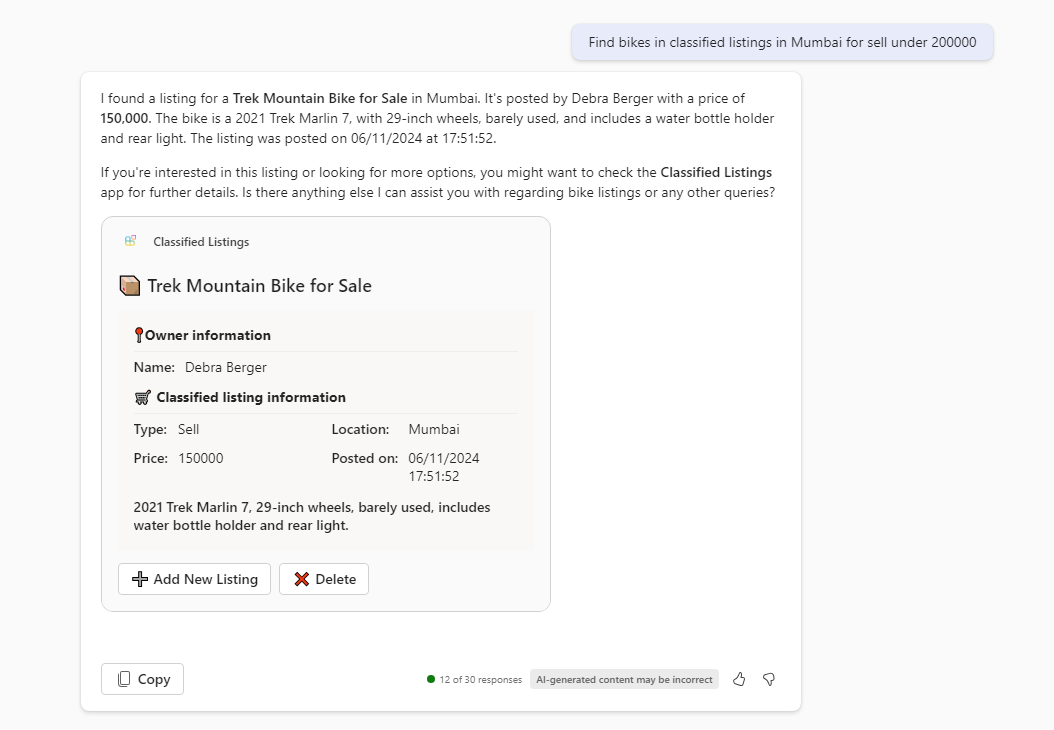 Screenshot of the advanced prompt working in Copilot in Microsoft Teams